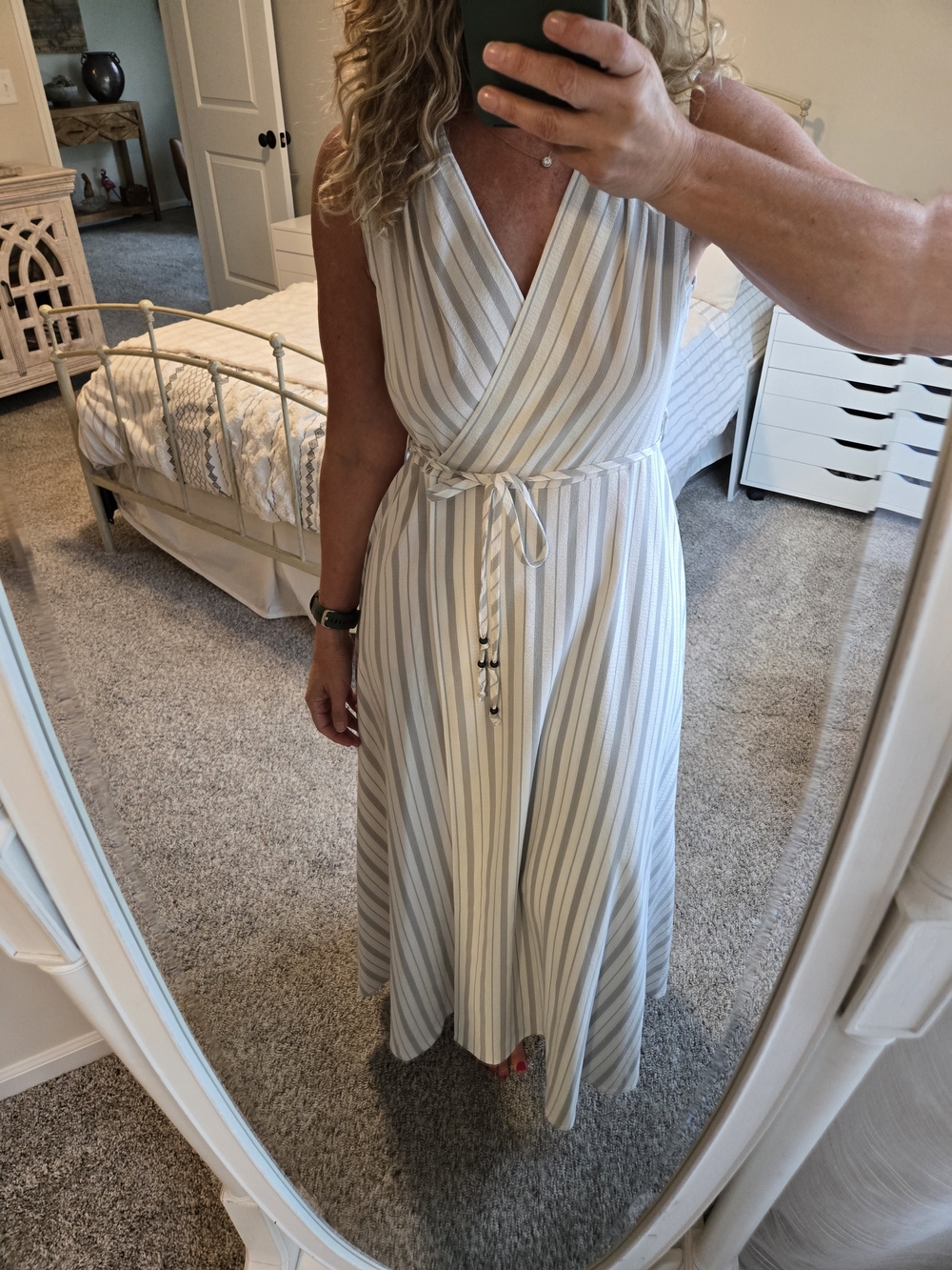 Calvin Klein White & Light Gray Striped Sleeveless Wrap Maxi Dress